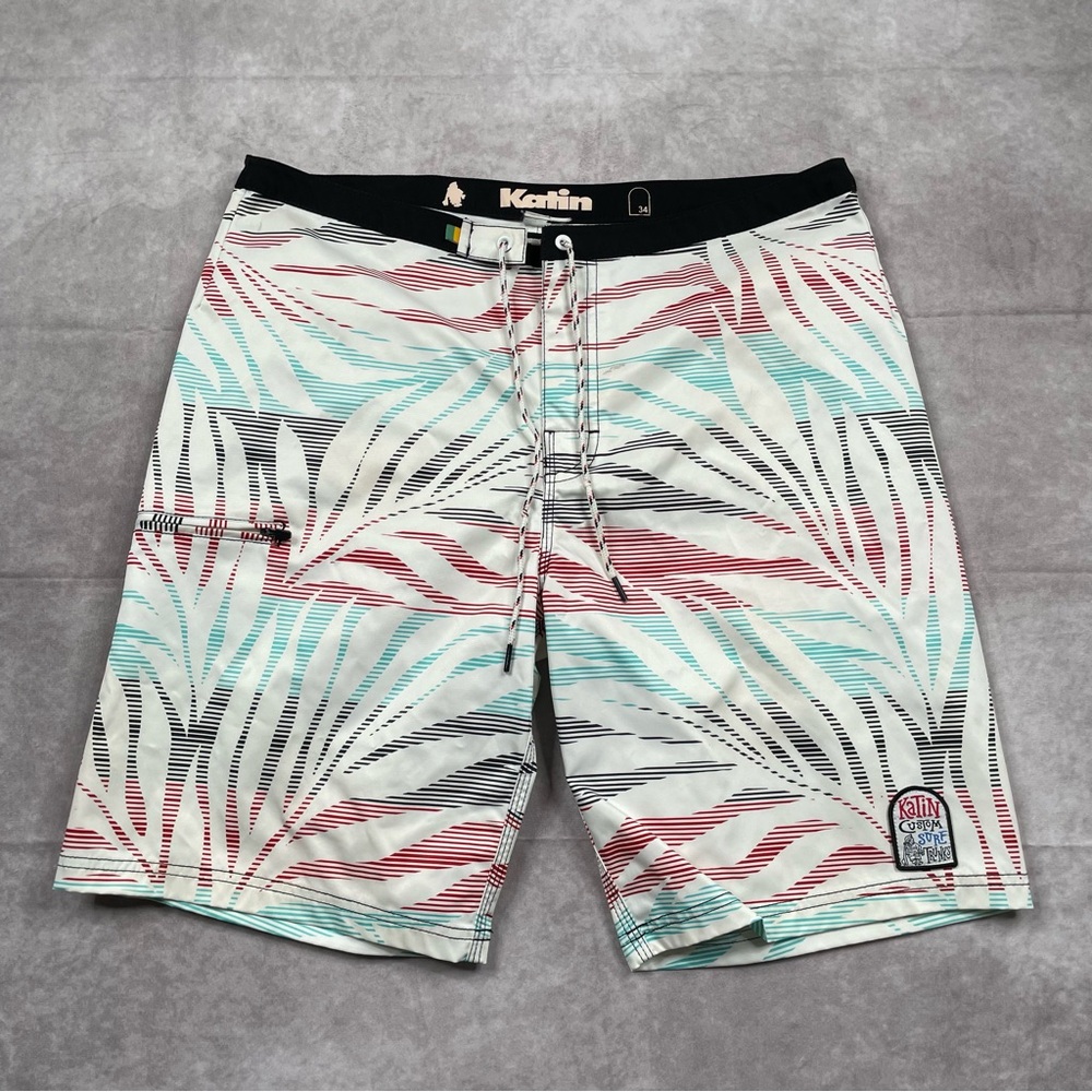 Katin Board Shorts Men 34 Floral Striped Swim Trunks Shorts Surf Beach Bathing